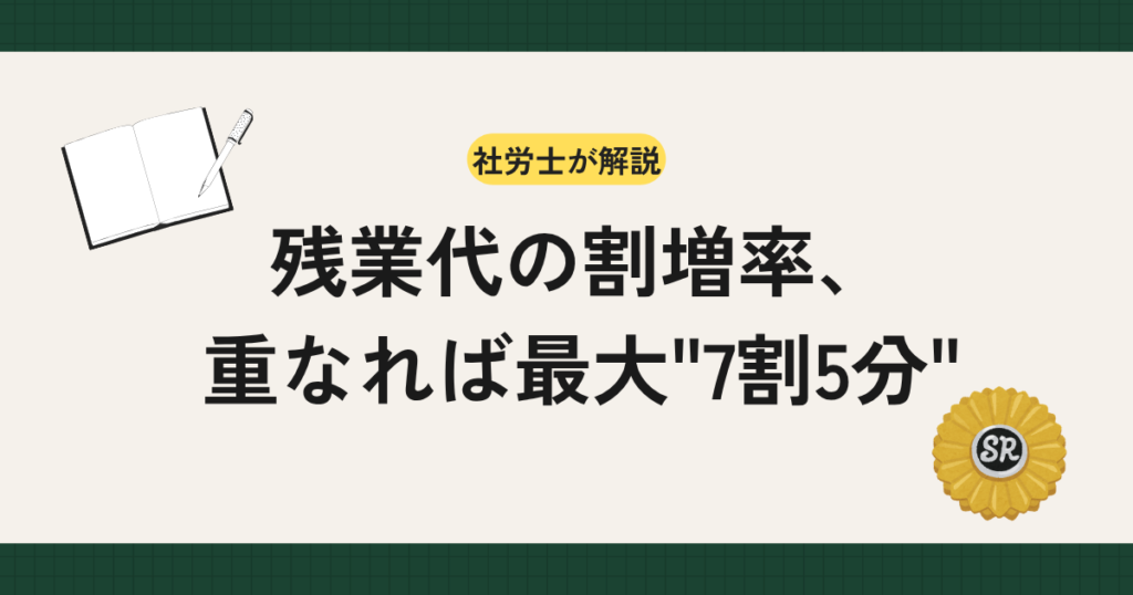 時間外・休日・深夜労働の割増賃金（残業代）の計算方法を社労士が解説。時間外2割5分・休日3割5分・深夜2割5分の割増率、月60時間超の5割、重複時の合算（最大7割5分）、割増の基礎から除外できる手当まで、労働基準法第37条に沿って整理します。